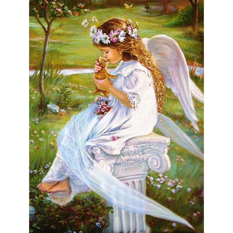 Cute Angel Girl Cat Diy Diamond Painting Portrait 5d Diamond Mosaic Painting Round AB Diamond Drill Wall Art Picture