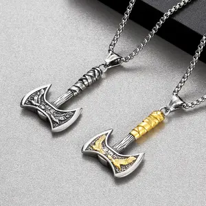 Mythologie nordique Viking Double tête Tomahawk collier pour hommes Punk 18K plaqué or acier inoxydable corbeau arme pendentif collier