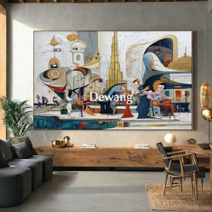 Peinture abstraite cubiste colorée, art mural horizontal surdimensionné, décoration intérieure faite à la main, peinture à l'huile réaliste - Product Image 2