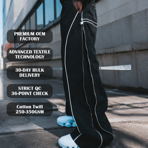 Custom OEM Black Wide Leg Contrast Piping <strong>Side</strong> <strong>Zip</strong> Premium Nylon Twill Men <strong>Trousers</strong> for Techwear Urban Street - Product Image 1