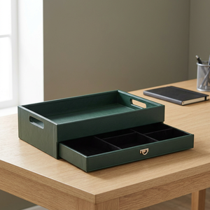 Organiseur de bureau en cuir vert avec tiroir et compartiments - Product Image 2