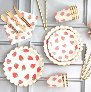 24 Strawberry Berry Sweet One Modern Hot Selling Birthday Supplies Favor Boxes Plates Napkins Cups <b>Tablecloths</b> Banner 87 Pieces - Product Image 1