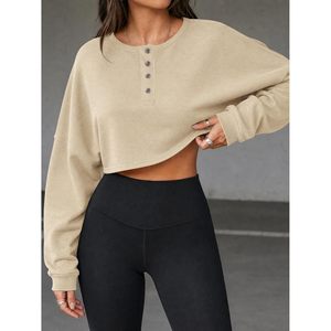 Sudadera Corta Personalizada para Mujer, Estilo Holgado, Cuello Henley, Manga Larga, Informal, para Hacer Ejercicio, Moda Otoñal - Product Image 2