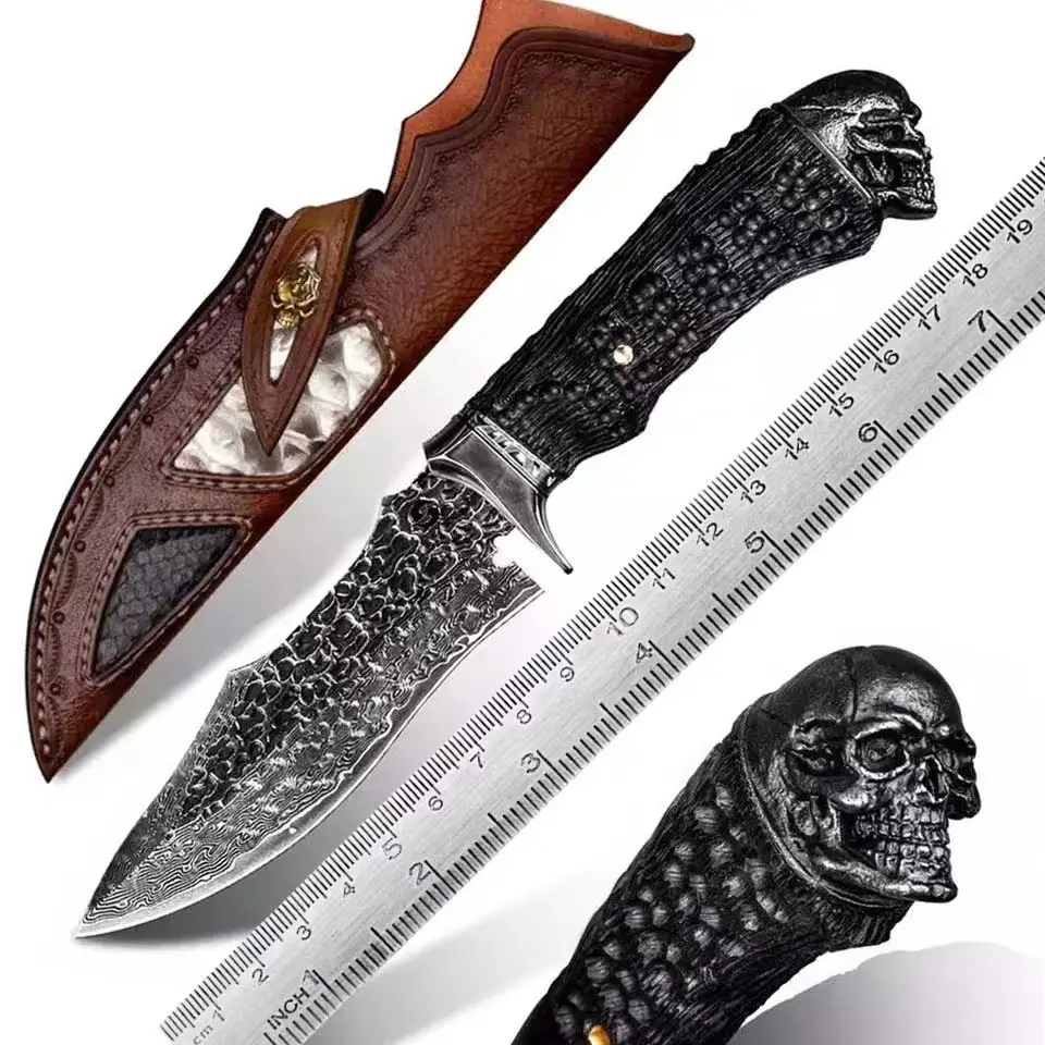 Handgemaakte VG10 Damascus Staal Fixed Blade Bowie Messen Outdoor Jachtmes Met Lederen Schede