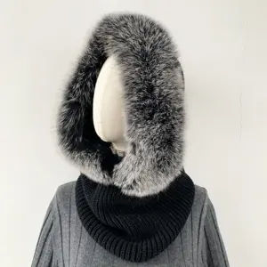 New Design Inverno Soft Knit Snood com Capuz Cachecol De Malha Quente Das Mulheres Com Pele De Raposa Real