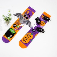Chaussettes fantaisie 3D pour enfants, thème Halloween automne, motifs chauve-souris orange, araignée en peluche, citrouille, crâne, chaudron violet, imprimé assorti, cadeau