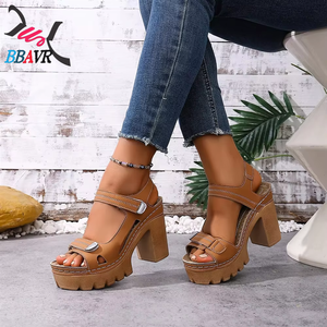 Sandales décontractées à talon épais pour femmes, semelle en PU durable, antidérapantes, en nylon, nouveau design, à talons hauts - Product Image 2