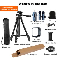 Kit de Réalisation Vidéo Professionnel 3-en-1 : Trépied Portable 53'' avec 2 Microphones Sans Fil et Lumière LED pour Téléphone, Appareil Photo, YouTube, TikTok, Vlog et Enregistrement