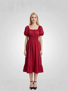 Nouvelle Robe Longue Unie Élégante Style Européen et Américain 2026 à Col Carré, Manches Lanterne, Taille Volantée et Coupe Trapèze pour Femme Grande Taille - Product Image 3