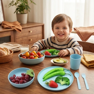 Juego de Vajilla Infantil Ecológico de PLA, RPET, Bambú y PP, Plato, Tazón y Vaso con Tapa, Libre de BPA, Vajilla de Silicona para Bebés - Product Image 5