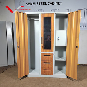 家庭用家具 寝室 多機能ワードローブ クローゼット 木目調プリント 3ドア スチール製ワードローブ 鏡と引き出し付き - Product Image 4