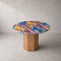 Table de salle à manger ronde de luxe moderne sur mesure, plateau brillant en pierre, pieds en placage de bois Shui Qu Liu, pour usage hôtelier