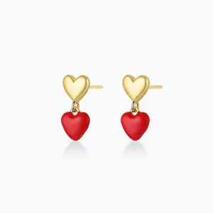 Custom Delicate Double Love Hearts Earring Stacked Gold Red Enamel Heart Dangle Drop Earrings for Women Daily Wear
