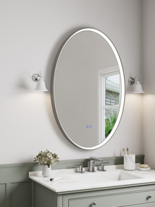 Espejo de Baño LED Ovalado con Control Táctil, Marco de Aluminio Plateado, Diseño Contemporáneo para Colgar en la Pared, Lentes de Vidrio Templado de 40-60 Pulgadas, IP44 - Product Image 3
