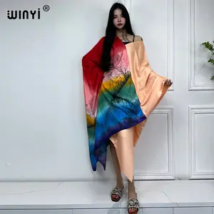 WINYI חדש שמלת מזרח התיכון הדפסת בוהו חיג'אב צבע התאמת מוסלמי אביה באזין חלוק שמלת ברודר עשירה סקסית ליידי מסיבת מקסי חוף