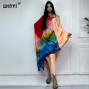 WINYI yeni orta doğu elbise baskı Boho başörtüsü renk eşleştirme müslüman uzun elbise Bazin Robe elbise Broder Riche seksi Lady parti maxi plaj