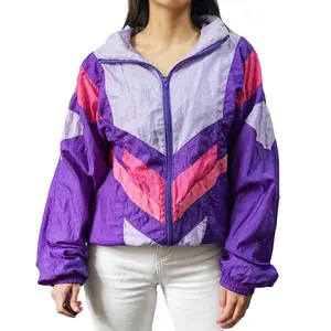 Kustom Warna Vintage untuk Wanita 90S Ungu Retro Streetwear 1990S Nilon Besar Poliester Zip Jaket Jaket