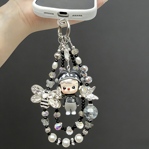 Chaîne de téléphone multifonctionnelle 15 cm personnalisable, noire et grise, ornée de perles, tendance, détachable, de luxe, avec ornement SP Doll en cristal incrusté - Product Image 3