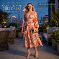 Robe midi col en V à marque privée, fabrication OEM ODM, manches bouffantes, boutons sur les poignets, fente avant, taille élastique et froncée à l'arrière