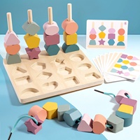 Geometry Shape Sorting Game Wooden Threading Toy Shape Matching Board Kids Montessori Toy Early Educational Toy for Baby Toddler