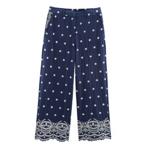 <span class=keywords><strong>Pantaloni</strong></span> Casual alla Moda per <span class=keywords><strong>Donna</strong></span>, <span class=keywords><strong>Blu</strong></span> <span class=keywords><strong>Scuro</strong></span> con Ricamo a Occhielli, Chiusura con Cerniera, Gamba Larga, Lunghezza alla Caviglia - Product Image 1