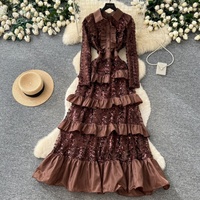 Robe en jean élégante pour femme, rouge, à sequins, à volants, à manches longues, à col, longueur cheville, pour les occasions de soirée