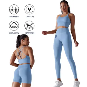 3 Stuks Hete Sexy Push-Up Naadloze Activewear Set Voor Dames, Aangepaste Biker Shorts + Workout Leggings Met Strappy Back Yoga Bh