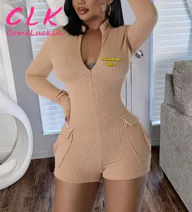 Custom Logo Ribbed Cargo Playsuit Women Zip O Neck Long Sleeve High Stretch Skinny Shorts Jumpsuits Fashion Casual Rompers