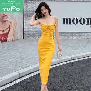 Droma abito lungo elasticizzato aderente giallo moda donna modesti abiti estivi bellissimo abito da sera