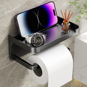Wall Mounted Toilet <b>Paper</b> Holder With Phone Shelf No Drill Required Minimalist Design For Bathroom Use - Product Image 1