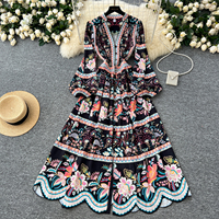 Robe décontractée pour femmes, style bohème, imprimé floral, manches longues bouffantes, coupe trapèze, avec ourlet festonné, pour les vacances et le quotidien