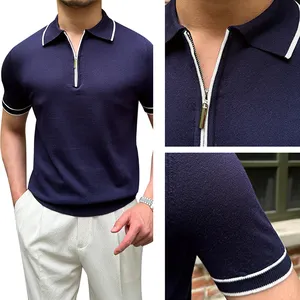 Оптовая продажа, Новое поступление, мужская Трикотажная футболка-поло с короткими рукавами и молнией, 100% шерстяные рубашки-поло, мужской свитер