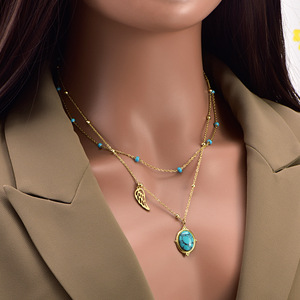 Collier de clavicule elliptique turquoise pour femmes en acier inoxydable plume plaqué or classique collier en couches Style pour cadeau - Product Image 2