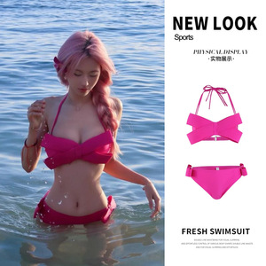 Traje de Baño Rosa para <span class=keywords><strong>Mujer</strong></span>, Estilo Sensual, con Escote Recogido, Estilo Puro Deseo, Rosa y Blanco, Lazo <span class=keywords><strong>Grande</strong></span> Tridimensional, Sensación de Alta Gama - Product Image 5