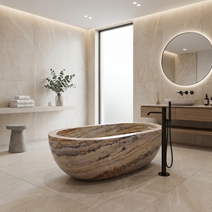 Baignoires ovales modernes de luxe sur mesure, en travertin gris argenté de Perse/Iran, autoportantes, pour salle de bain, style Vila - Product Image 1