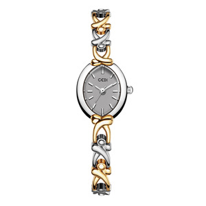 Reloj de Cuarzo Ovalado para Mujer con Esfera Simple con Marcadores y Correa de Acero Hueca Dorada y Plateada - Product Image 5