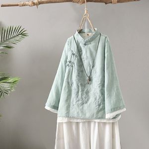 Traditional Chinese Embroidered Linen Cotton Shirt Women Loose Round Neck Tea Dress With Chinese Knot Buttons Spring 2025 - Product Image 2