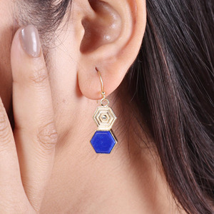 Hot Selling Lapis lazuli brass gold plated earrings, Natural hexagon shape gemstone earrings for everyday wear - Product Image 3