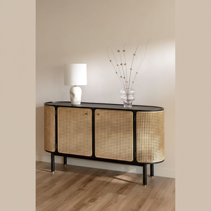 Buffet scandinave en bois de manguier massif, écologique, durable, grande capacité, contemporain, avec cannage en rotin, pour salon - Product Image 1