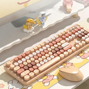 Ensemble <span class=keywords><strong>clavier</strong></span> et <span class=keywords><strong>souris</strong></span> sans fil 2,4 G rétro mignon avec 104 touches rondes colorées pour filles, idéal pour le bureau - Product Image 1