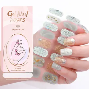 Nova moda de adesivos de unhas em gel com desenho de coração, pacote personalizado de esmalte, tiras de cores populares semi-curadas para unhas