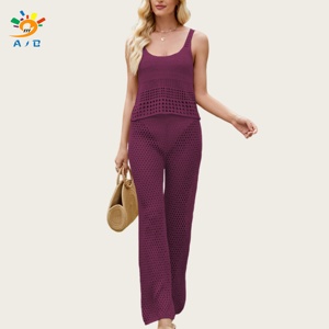 AJB 2026 Nouvelle tenue décontractée tendance <span class=keywords><strong>euro</strong></span>-américaine pour femme : haut sans manches en viscose crochetée couleur unie et pantalon long transparent - Product Image 4