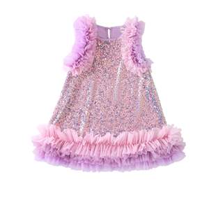 Filles sans manches taffetas robe <span class=keywords><strong>gilet</strong></span> paillettes princesse gâteau jupe bébé Tutu ODM vêtements pour enfants fleur décoration nouveau Style - Product Image 2