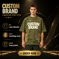T-shirt pour homme en tricot vert olive à col rond, imprimé graphique camouflage, coupe ample, manches courtes, poche cargo, logo personnalisé, streetwear