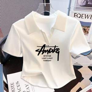 <span class=keywords><strong>Elegante</strong></span> Polo <span class=keywords><strong>Bianca</strong></span> da Donna a Maniche Corte, T-shirt Corta Aderente in Cotone per Streetwear - Product Image 3