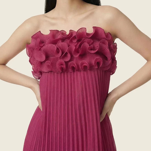 เดรสสั้นสีชมพูบานเย็นแบบจับจีบ แต่งระบาย ไม่มีสายคล้องไหล่ สำหรับผู้หญิง - เหมาะสำหรับงานเลี้ยงค็อกเทลสุดโรแมนติก และงานแต่งงาน - Product Image 1