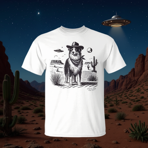 T-shirt unisexe pour adulte Australian Shepherd Cowboy avec motif sérigraphié OVNI et scène désertique, fabriqué en Chine - Product Image 3