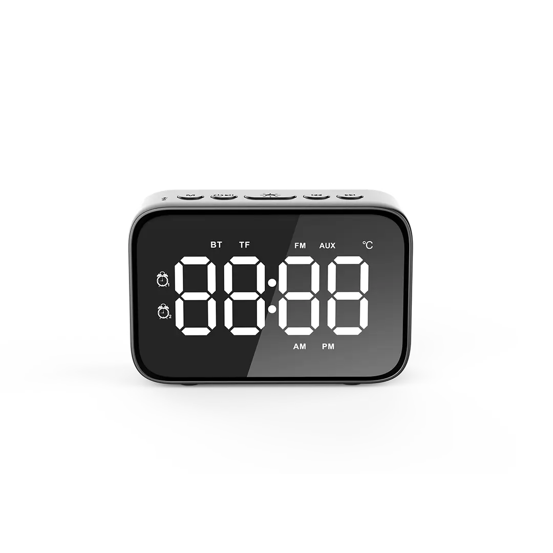 OEM portable digital alarm clock speaker support TF card ,USB FM radio, built-in rechargeable battery Clock Bluetooth speaker