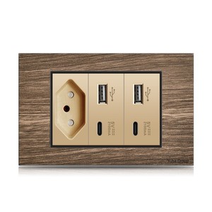 Enchufe de pared de aluminio y madera con estándar brasileño, doble USB tipo C, interruptor de luz y toma de corriente. - Product Image 5