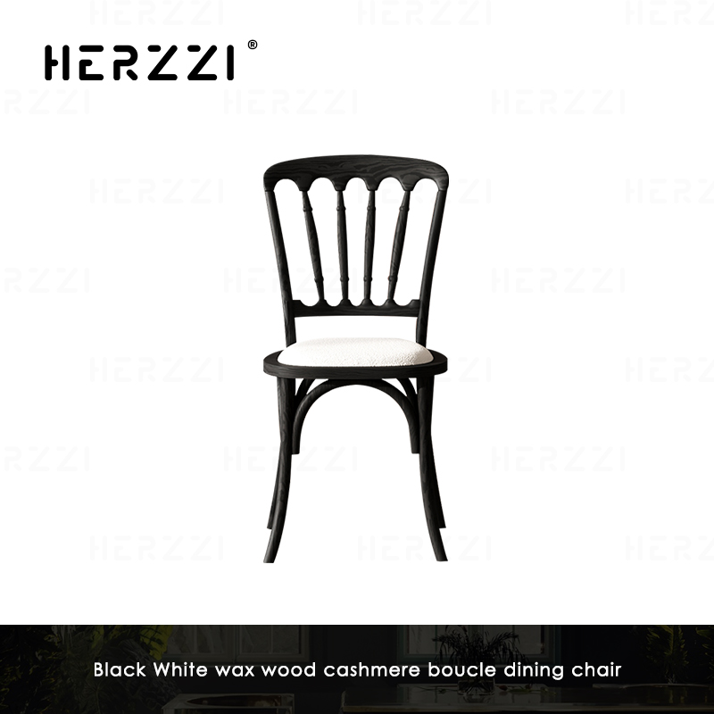 Silla de comedor de madera de cera blanca negra de Cachemira Boucle